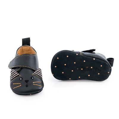 Black Cat Leather Slippers 0-6m