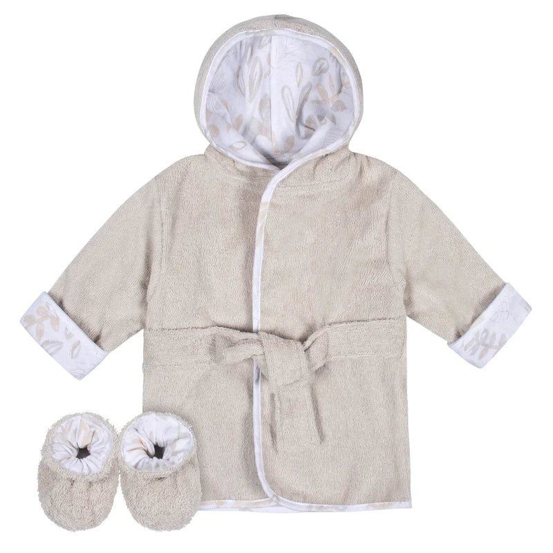 Just Born Baby Natural Leaves Bathrobe & Booties 2 Pc Set 0-9M