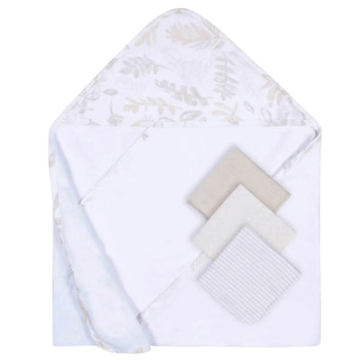 Just Born 4-Piece Baby Neutral Natural Leaves Hooded Towel & Washcloth