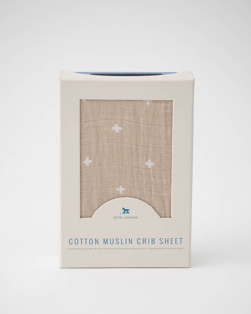 Cotton Muslin Crib Sheet Taupe Cross