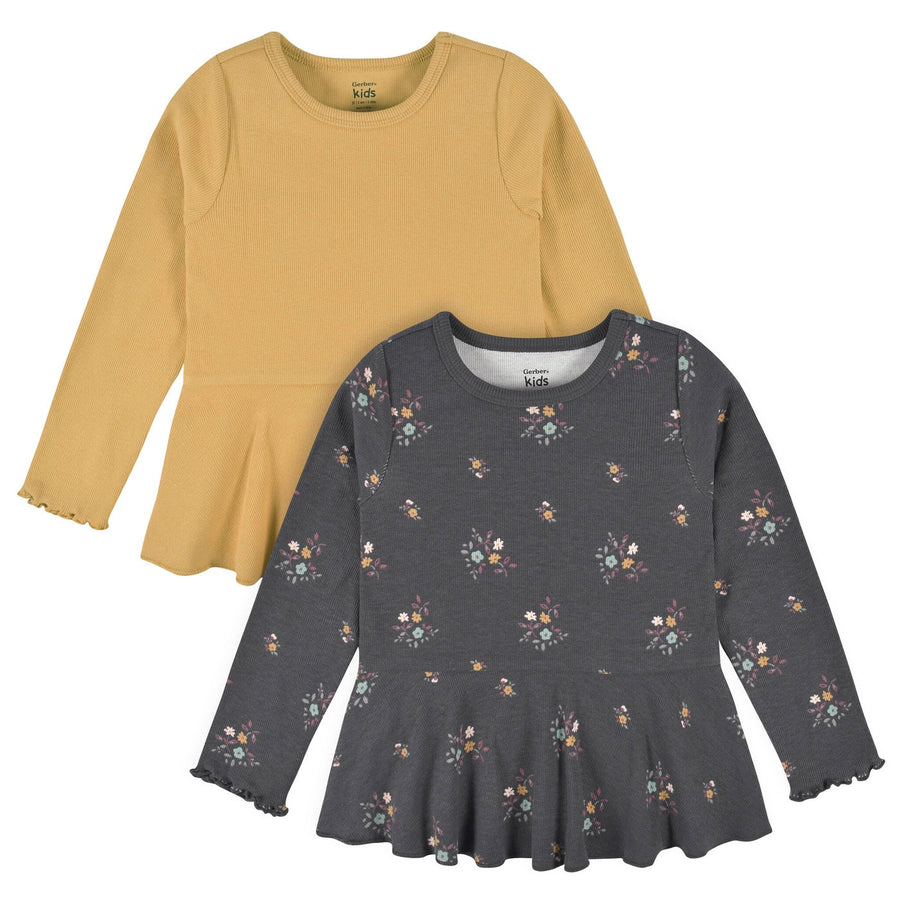 Gerber Childrenswear YELLOW FLORAL 2PK PEPLUM TOPS