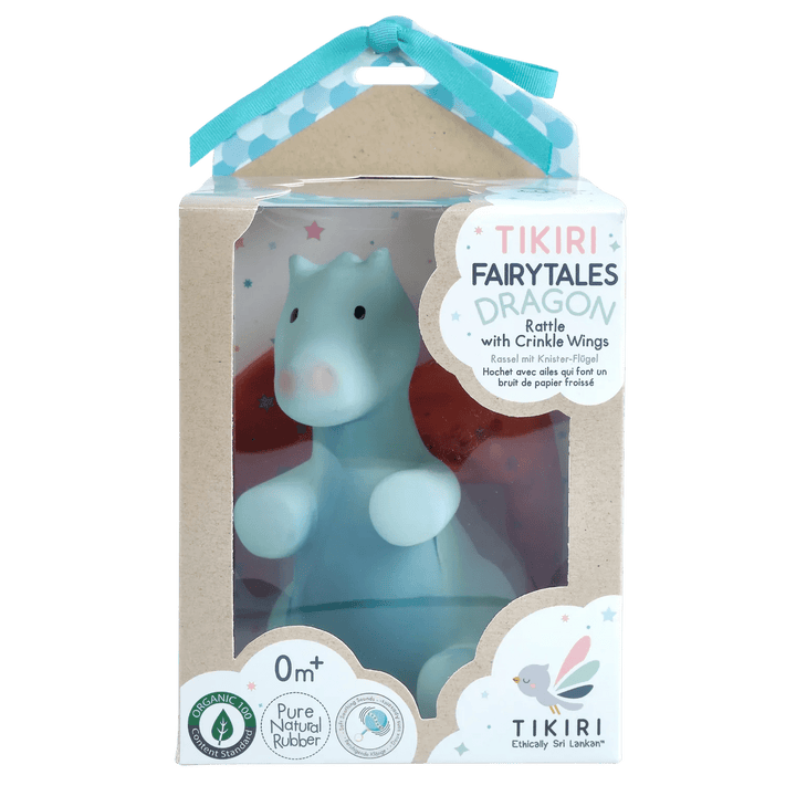 tikiri Sunrise Dragon Organic Natural Rubber Rattle With Crinkle Wings